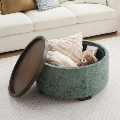 Zihanhome 30" Round Chenille Storage Ottoman Coffee Table with Removable Tray Top, Large Hidden Storage Ottoman, Solid Wood Legs for Living Room, Bedroom, Apartment (Moss Green) - color: Moss Green