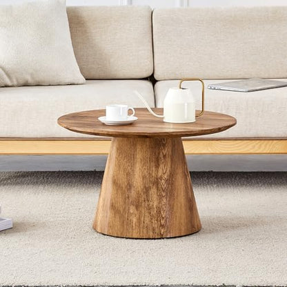 Wood Coffee Table, 23.6" Small Coffee Table, Natural Wood Grain Round Tabletop with Wooden Cone Base, Round Living Room Table with Adjustable Feet, Mid Century Center Table for Apartment,Small Space - color: 23.6" Wood Coffee Table