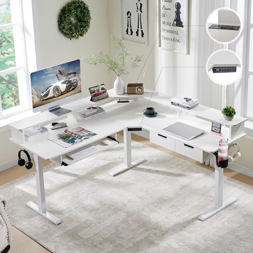 RedLemon 60 Inches L Shaped Electric Standing Desk 2 Tier, Antique White | Height Adjustable Corner Gaming Desk with Drawer, Keyboard Tray, Power Outlets & LED Lights, Computer Desk w/ Monitor Shelf - color: Antique White, size: 60"X60"