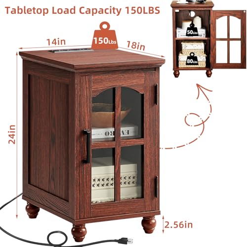 RWYHG Narrow Side Table, Farmhouse Nightstand with Charging Station | End Tables with Glass Barn Door, Cabinet Organizer with Adjustable Shelf, Night Stand for Small Spaces Living Room Bedroom - color: Red Oak, size: Set 1