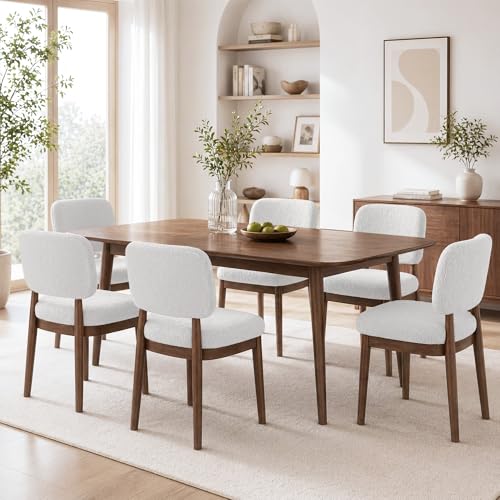 Wooden Dining Chairs Set of 6, Boucle Upholstered Kitchen Chairs with Solid Wood Legs, Mid Century Modern Dining Chairs, Farmhouse Side Chair with Hardwood Frame for Dining Room, White - color: White, size: Set of 6
