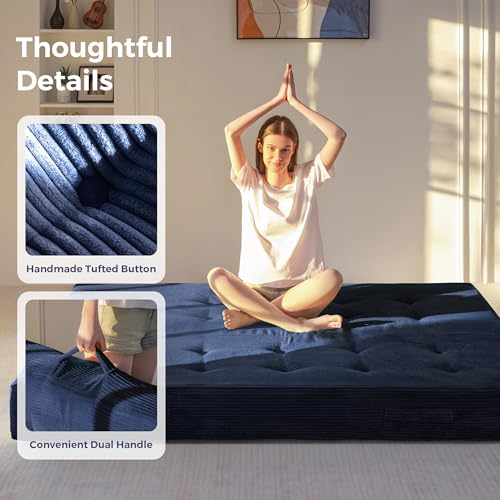MAXYOYO Foldable Mattress, 8-Inch Tufted Futon Mattress with Handles | Tufted Floor Sofa Bed and Versatile Mattress, Carry Handles for Living Rooms or Guest Rooms, Frame Not Included, Navy - color: Navy