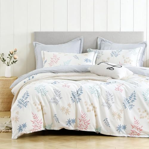LEMIROE White Gray Whimsical Botanical Cotton Comforter Set Queen Size 3PC | Pastel Leaf Print & Light Gray Grid Reversible Design, Down Alternative Fill, Cotton Shell, Lightweight Queen Comforter Set - color: Botanical Serenity - White & Gray Grid, size: