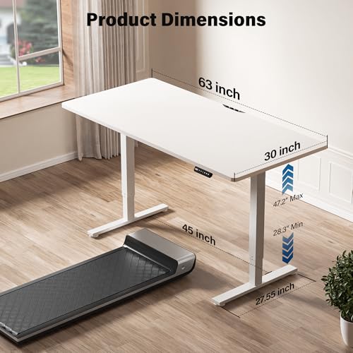 Electric Standing Desk, 63 x 30 Inch, White | Extra Large Desktop, Adjustable Height, Sit to Stand, Home Office Workstation, Supports Dual & Triple Monitor - color: White