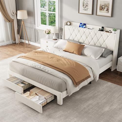 Garvee Queen Bed Frame with Storage, Velvet Upholstered Platform Bed Frame with Crystal Tufted Headboard, Charging Station, 2 Drawers, No Box Spring Needed, Noise-Free,for Bedroom, Ivory | Velvet Upholstered Platform Bed Frame with Crystal Tufted Headboar