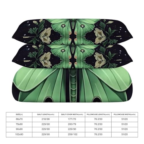 Boho Green Moth Moon 3 Piece Reversible Bedding Set 79"x90",Double Sided Brushed Microfiber Duvet Cover Set with 2 Pillowcases Soft Breathable Comforter Cover for Home - color: Boho Green Moth Moon, size: 79"x90"