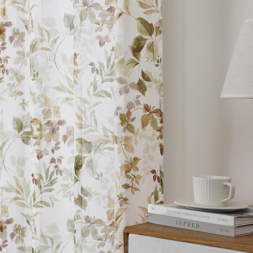 Crushed Kitchen Window Curtains 45 Inches Length 2 Panels, Elegant Farmhouse Printing Short Semi Sheer Curtains for Cafe Bedroom Small Window, Light Filtering Rod Pocket Curtain, 42Wx45L - color: Brown/Multi, size: 42"W x 45"L (Pack of 2)