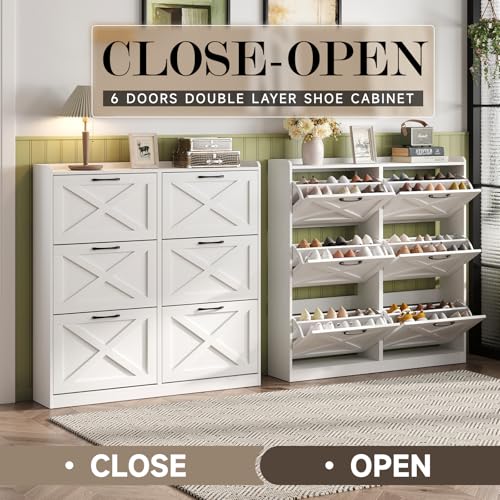 Maupvit Large Shoe Storage Cabinet with 6 Flip Drawers, Freestanding Shoe Organizer with Metal Handles for Entryway, Narrow Shoe Rack Cabinet, White - color: White, style: 6-Drawers