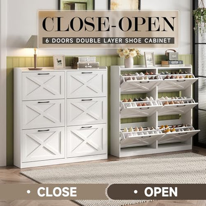 Maupvit Large Shoe Storage Cabinet with 6 Flip Drawers, Freestanding Shoe Organizer with Metal Handles for Entryway, Narrow Shoe Rack Cabinet, White - color: White, style: 6-Drawers