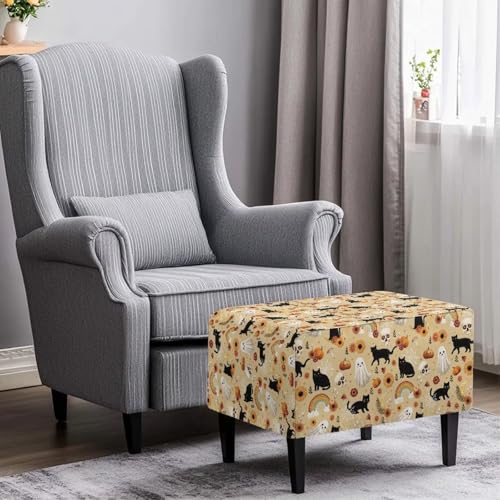 Black Cat Ghost Ottoman Cover Rectangular Stretch Square Ottoman Covers Slipcover Rectangle Washable Foot Stool Cover Thick Storage Protector with Elastic Bottom - color: Black Cat Ghost, size: Large