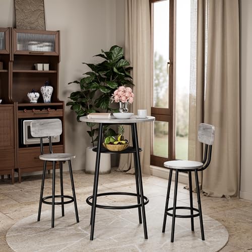3-Piece Round Bar Table Set with Backrest & Partition, Counter Height Small Dining Table for 2, Includes 2 Foldable Stools, Sturdy MDF & Steel Frame for Kitchen/Dining Room (Grey) - color: Grey