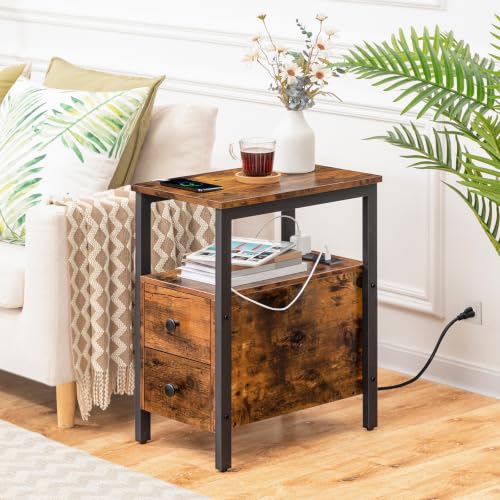 HOOBRO End Table with Charging Station, Narrow Side Table with 2 Drawer & USB Ports & Power Outlets, Nightstand for Small Spaces, for Living Room, Bedroom, Rustic Brown and Black BF541BZ01 - color: Rustic Brown + Black