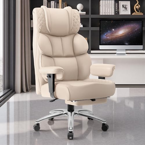 BestGlory Office Desk Chair, Big and Tall Leather Gaming Chair with Footrest, Wide Ergonomic Comfy Executive High-Back Reclining Computer Chairs, Swivel Rolling Wheels and Padded Lumbar Support, Beige - color: Beige, style: 3 Position Reclining