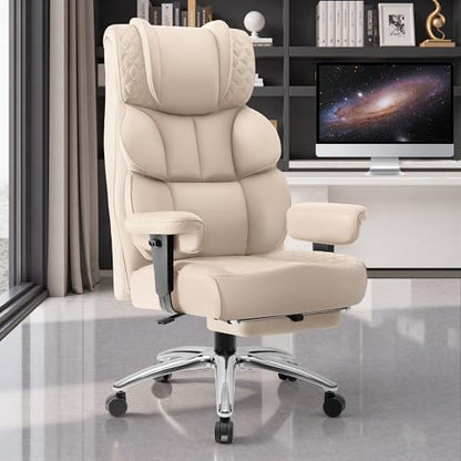 BestGlory Office Desk Chair, Big and Tall Leather Gaming Chair with Footrest, Wide Ergonomic Comfy Executive High-Back Reclining Computer Chairs, Swivel Rolling Wheels and Padded Lumbar Support, Beige - color: Beige, style: 3 Position Reclining