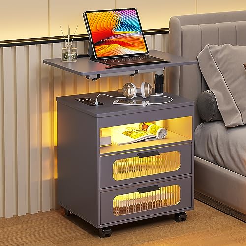 HNEBC Nightstand with Wireless Charging Station, LED Nightstand Has Adjustable Rotary Workstation, Smart Night Stand with 2 Drawers,Modern Bedside Table for Bedroom, Sensor Light/Wheel (Grey) - color: 9603-1-grey