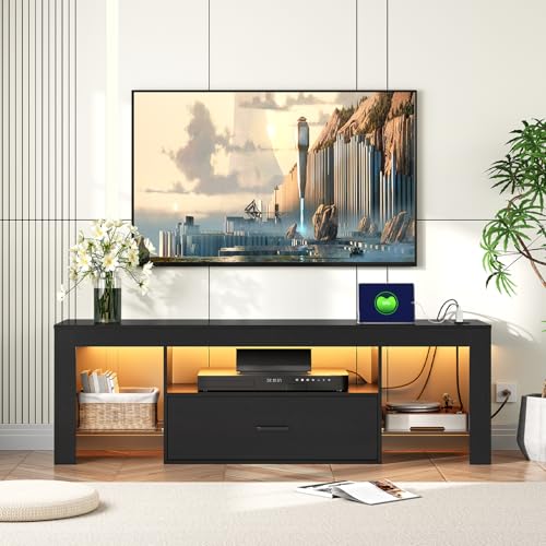 HOOBRO LED TV Stand with Power Outlets to 65 inch TV, Gaming Entertainment Center with Glass Shelves and Large Drawer, Modern Media TV Console Table for Living Room Bedroom, Black BB14UDDS01G1 - color: Black, size: 55.1 Inch