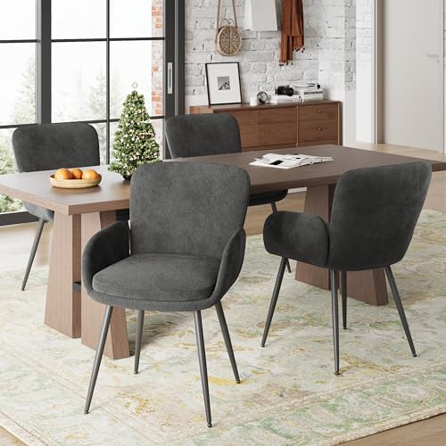 VKNOW Modern Upholstered Dining Chairs Set of 2 with Armrest, Dark Grey | Armed Dining Room Chairs with Metal Legs, Kitchen Chairs for Restaurant Kitchen Living Room - color: Dark Grey, size: Set of 2