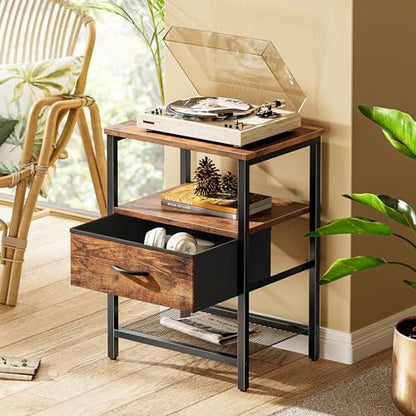 Huuger Night Stand with Fabric Drawer, Side Table with Mesh Shelf, Bedroom Nightstand, Fabric Drawer Dresser, Open Shelf, Metal Frame, Couch Side, Rustic Brown | Bedroom Nightstand, Fabric Drawer Dresser, Open Shelf, Metal Frame, Couch Side, Rustic Brown