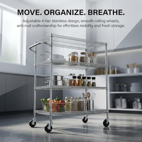 Finnhomy 4 Tier Heavy Duty Commercial Grade Rolling Cart with Handle Bar, Metal Wire Utility Cart with Wheels, Kitchen Service Trolley on Wheels, Shelf Size 18" D x 36" W, NSF, Chrome - size: 36"L x 18"W x 46.4"H-4 Tier, style: Chrome Cart