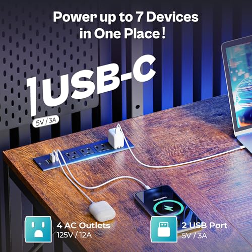 L Shaped Gaming Desk with Shelves, Corner Computer Table with LED Lights, Power Outlets and USB-C Ports, 42 Inch Reversible Home Office Desk with Storage Drawer, Work and Study, Rustic Brown