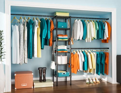 M1 Closet Storage Organizer System, 6 Tiers Heavy Duty Metal Clothing Garment Rack with 3 Expandable Hanger Rods, Wall Mounted Space Saver Suits from 3.3-8.7 ft. Width, 71.2”H x 14”D, Black - color: Black