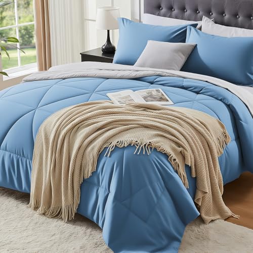 BEDELITE Twin Comforter Set 5 Pieces, Reversible Blue Bed in A Bag | Soft All Season Down-Alternative Comforter, Sheets, Pillowcases & Shams, OEKO-TEX Certified Bedding for Bedrrom, Guest Room - color: Blue/Light Grey, size: Twin