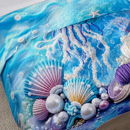 AILONEN Cartoon Blue Jellyfish Quilt Bedding Sets Full Size, Girls Ocean Shell Pearl Theme Quilt Set Printed - 3 Pieces,Underwater World Bedspread Coverlet Set Soft Microfiber Quilt & 2 Pillowcases - color: Jellyfish44, size: Full