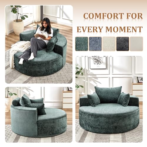 55" Oversized Round Chaise Longue Chair Indoor, Upholstered Chenille Circle Single Cloud Reading Sofa Chair Deep Seat Modern Boneless Sleeper Couch No Assembly Required, Green - color: Green, style: 55"Chenille