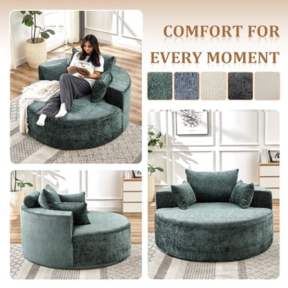 55" Oversized Round Chaise Longue Chair Indoor, Upholstered Chenille Circle Single Cloud Reading Sofa Chair Deep Seat Modern Boneless Sleeper Couch No Assembly Required, Green - color: Green, style: 55"Chenille