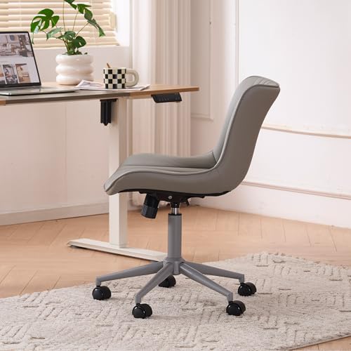 YOUTASTE Grey Armless Office Chair, Modern Adjustable Swivel Desk Chair with Wheels, Upholstered PU Leather, Gray Metal Legs, Back Support for Home Office, Study, Vanity, Bedroom - color: All Grey