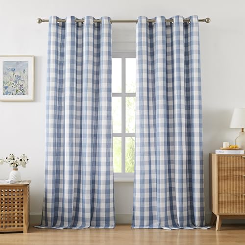 Amzdecor Buffalo Plaid Grommet Curtains 95 Inch Length, Light Filtering Semi-Sheer Check Linen Textured Curtains Drapery for Living Room Bedroom Farmhouse,2 Panels （52" x 95", Dusty Blue & White） - color: Dusty Blue/White, size: 52"W x 95"L (Pack of 2)