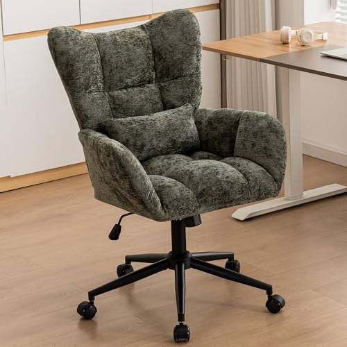 Home Office Desk Chair, Modern Tufted Chenille Vanity Chair, Adjustable Upholstered Swivel Computer Chairs for Bedroom, Living Room，Green - color: Green