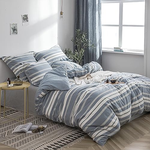 BISELINA Bedding Duvet Cover Set 100% Washed Cotton Linen Like Textured Yarn Dyed Horizontal Stripes Reversible Breathable Soft Comfy Chic Bedding (King, Button Closure Blue) - color: Button Closure - Blue, size: King