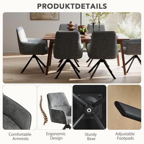 Swivel Dining Chairs Set of 2, Upholstered Dining Room Chairs with Thicken Cushion, 360°Swivel Dining Chairs with Armrests Modern Kitchen Chairs for Lounge, Chenille, Darkgrey - color: Darkgrey, size: Set of 2