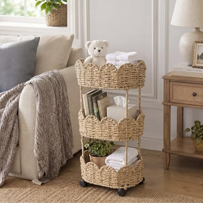 AceOrbit 3-Tier Scalloped Seagrass Rolling Cart Oval Seagrass Scalloped Storage Basket with Wheels for Nursery Caddy Utility Cart Storage Organization for Craft Bathroom Laundry Living Room