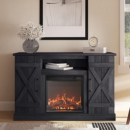 BELLEZE 47" TV Stand with 18" Electric Fireplace Heater & Media Entertainment Center Console Table for TV up to 50" with Open Storage Shelves & Cabinets - Veropeso (Rustic Grey) - color: Rustic Grey, style: 47" TV Stand/W 18" Fireplace
