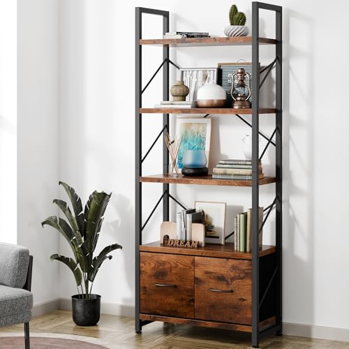 Shintenchi 5 Tier Bookshelf with Drawers, Display Standing Shelf Units, Wood and Metal Bookshelves Storage Organizer, Bookcase for Home Office Bedroom, Kitchen, Living Room, Rustic Brown - size: 23.8'' W x 12'' D x 62.4'' H-2 Drawers