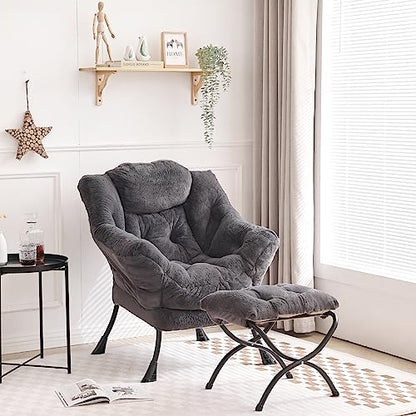 Lazy Chair with Ottoman, Comfy Reading Accent Chair, Plush Navy - color: Plush-navy