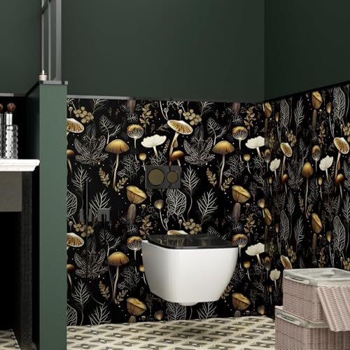 Dark Mushroom Wallpaper Peel and Stick 17.5" x 118",Black Gold | Self Adhesive/Removable/Waterproof/Thick Vinyl Contact Paper for Bathroom Bedroom Shelf Cabinet Drawer,Prepasted,Easy Peel - color: Black Gold, size: 17.5" x 393"