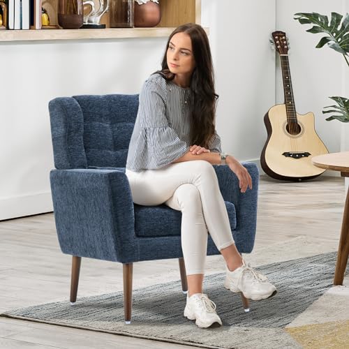 Modern Accent Chair, Upholstered Armchair with Pillow, Fabric Single Sofa Chair with Lounge Seat and Wood Legs Accent Chair for Living Room Bedroom Small Spaces (Dark Blue) - color: Dark Blue, size: Set of 1