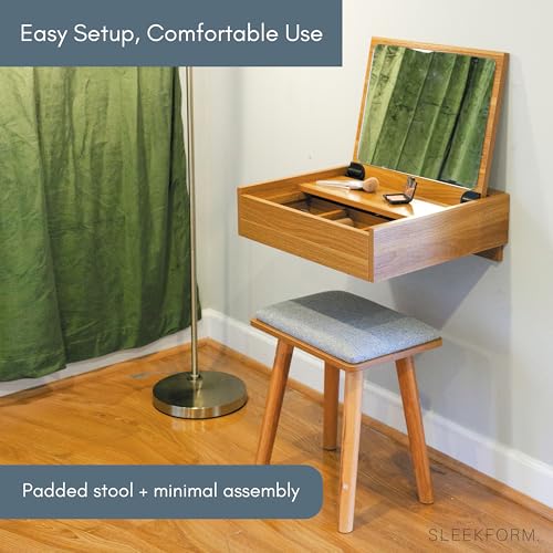Small Vanity Desk with Mirror & Chair, 18 x 20 Inch, Wall Mounted | Floating Makeup Table, For Small Spaces, Flip Up Top, Bedroom Vanity