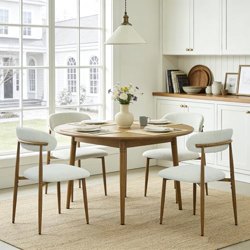 FREKEN Modern Upholstered Dining Chairs Set of 4, Mid-Century Metal Frame with Wood Grain, Linen Fabric Side Chair for Kitchen Dining Room, 350lbs Capacity, Beige - color: Beige - Wood Grain Legs, size: Set of 4