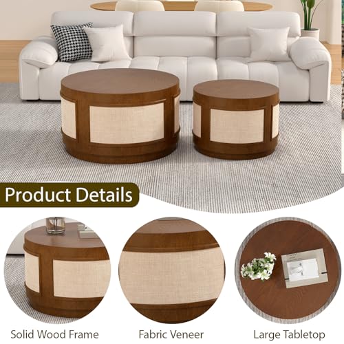 Nesting Coffee Tables Set of 2, Round Wooden, Brown | Solid Wood Frame & Fabric Veneer, Mid-Century Modern Accent Tables, End Tables, For Living Room, Bedroom & Small Spaces - color: Brown 26.8"dx15.7"h