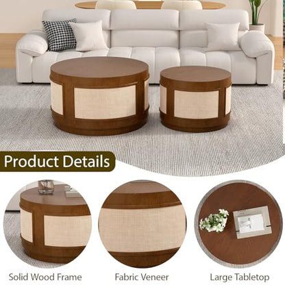 Nesting Coffee Tables Set of 2, Round Wooden, Brown | Solid Wood Frame & Fabric Veneer, Mid-Century Modern Accent Tables, End Tables, For Living Room, Bedroom & Small Spaces - color: Brown 26.8"dx15.7"h