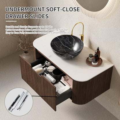 30” Floating Bathroom Vanity with Sink, Fluted Wall-Mounted Solid Wood Cabinet, Black Marble-Patterned Bowl Basin, Faux Marble Top, Soft-Close Drawer, Pre-Assembled, Walnut Woodgrain - color: 05 - Walnut Woodgrain, size: 30"