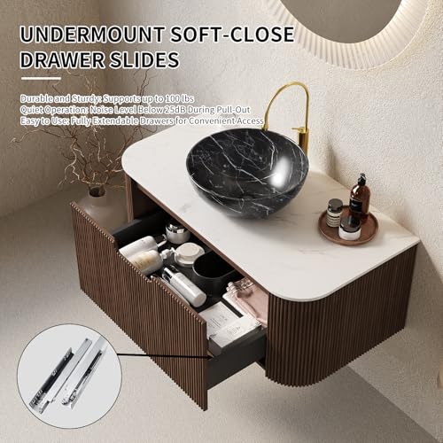 24” Floating Bathroom Vanity with Sink, Fluted Wall-Mounted Solid Wood Cabinet, Black Marble-Patterned Bowl Basin, Faux Marble Top, Soft-Close Drawer, Pre-Assembled, Walnut Woodgrain - color: 05 - Walnut Woodgrain, size: 24"