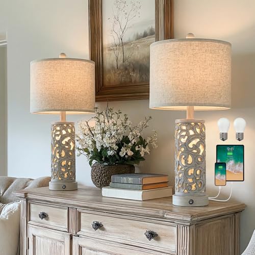 Bedside Table Lamps Set of 2 with Night Light, 22'' Distressed Grey | Bedroom Lamps for Nightstand,Hand-Carved Openwork,Built-in USB with Bulbs,Rustic Vintage Design,Ideal for Nursery Hallway - color: Vintage Grey