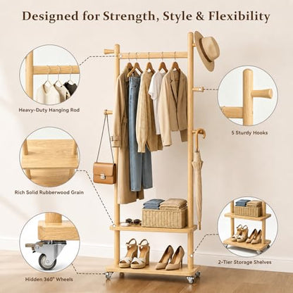Coat Rack Freestanding Solid Wood Clothes Rack with Wheels | Space Saving, Stable 5 Hooks 2 Shelves Coat Tree, Silent 360 Degree Wheels, Heavy Duty 150 lb Capacity for Entryway Bedroom - color: Natural Wood, size: L: 23.6" x W: 11.8" x H: 70.9" (With Whee