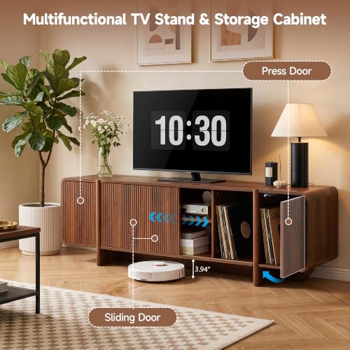 70'' Fluted Wood TV Stand with Storage Fits Up to 80 Inch TV | Mid-Century Modern Media Console with Open Shelves & Cable Holes Low TV Entertainment Center for Living Room Bedroom (Walnut)