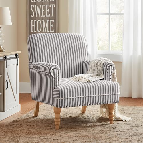 HUIMO Linen Fabric Accent Chair, Mid-Century Modern Upholstered Armchair with Solid Wood Legs, Comfy Reading Club Chair for Living Room Bedroom (1, Dark Grey and White Stripe) - color: Dark Grey and White Stripe